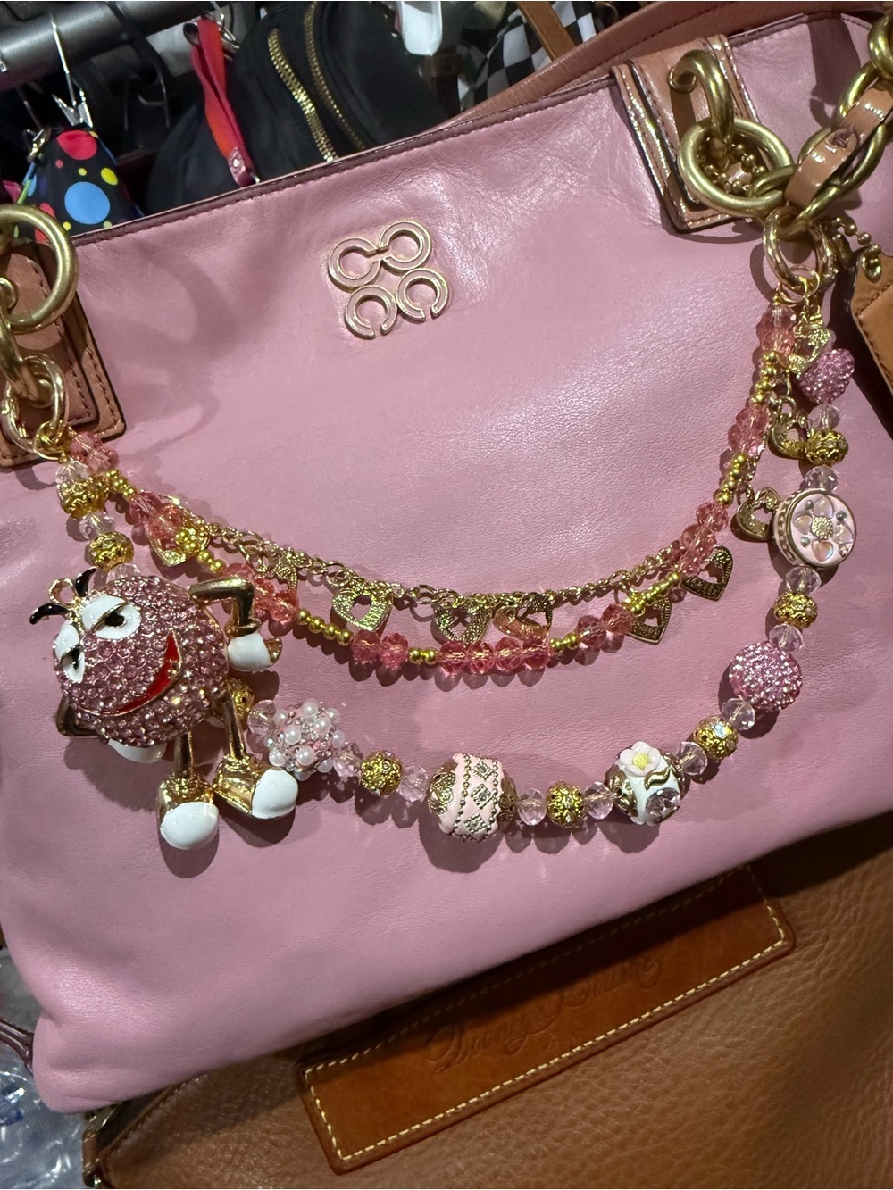 M&M- Bag Charm Gold & Pink Beaded Charm Necklace Handmade - Women Jewelry